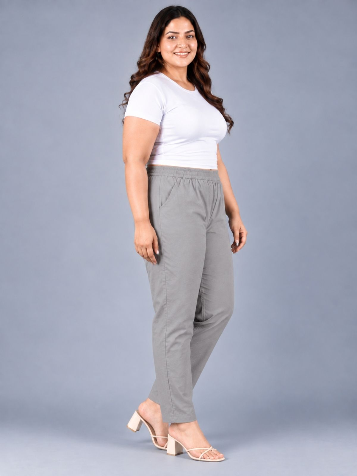 Grey Regular Fit Elastic Plus Sizes Cotton Trouser