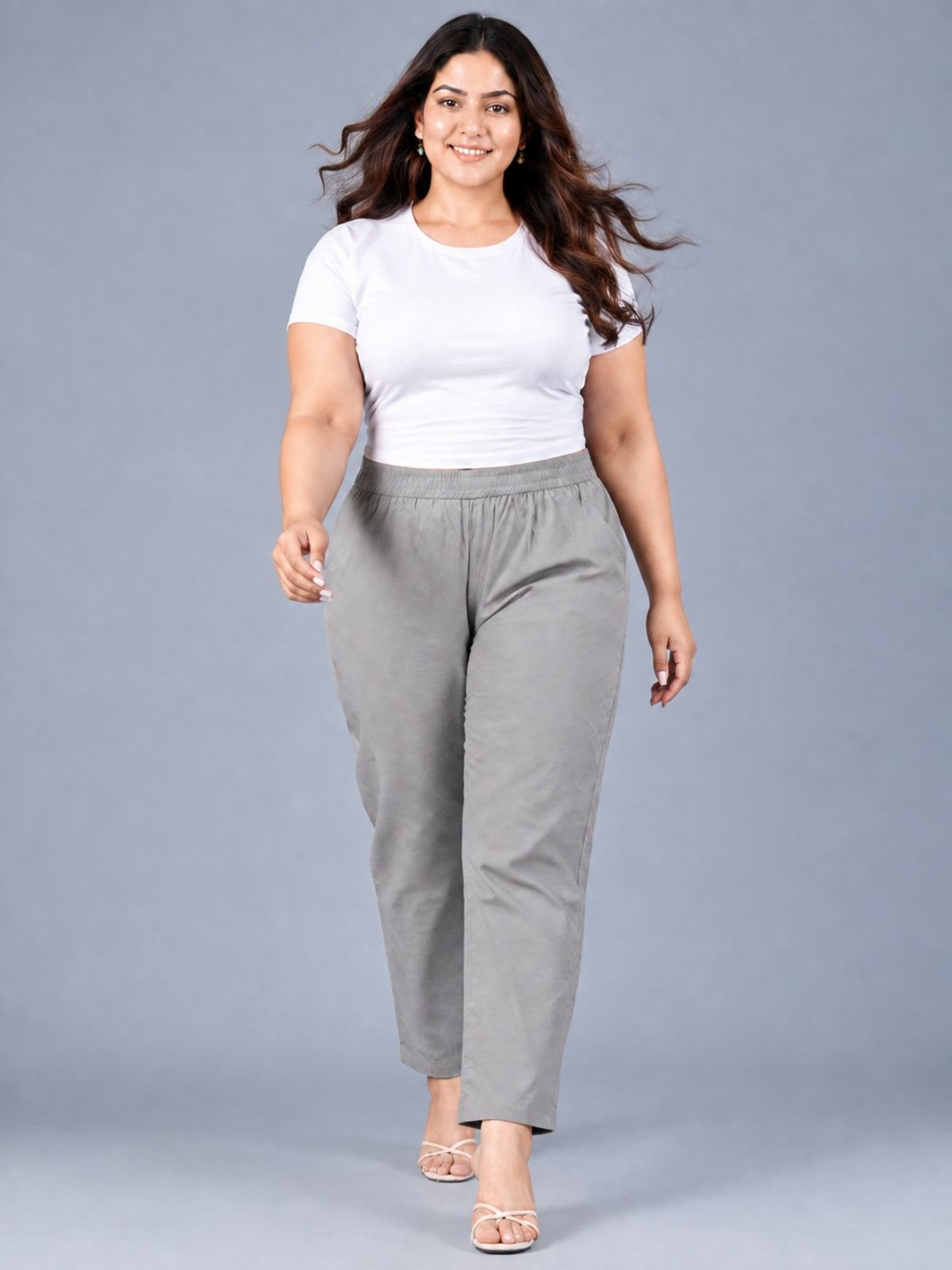 Grey Regular Fit Elastic Plus Sizes Cotton Trouser