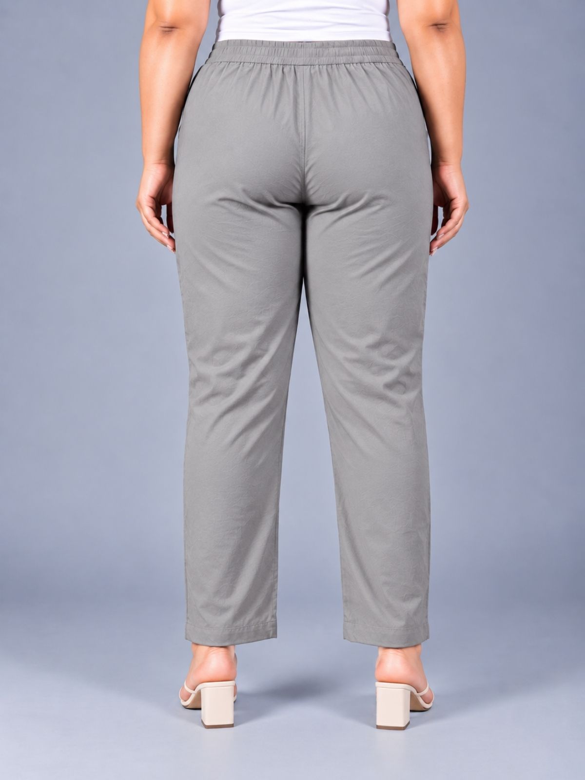 Grey Regular Fit Elastic Plus Sizes Cotton Trouser