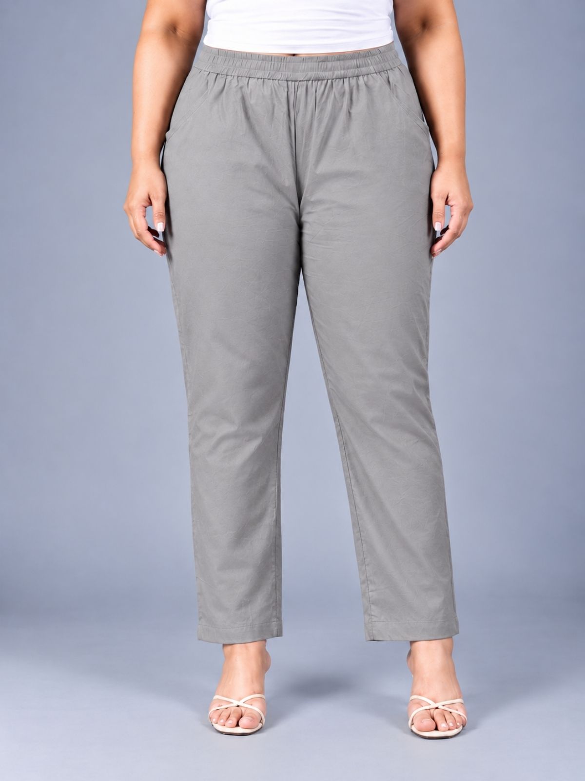 Grey Regular Fit Elastic Plus Sizes Cotton Trouser