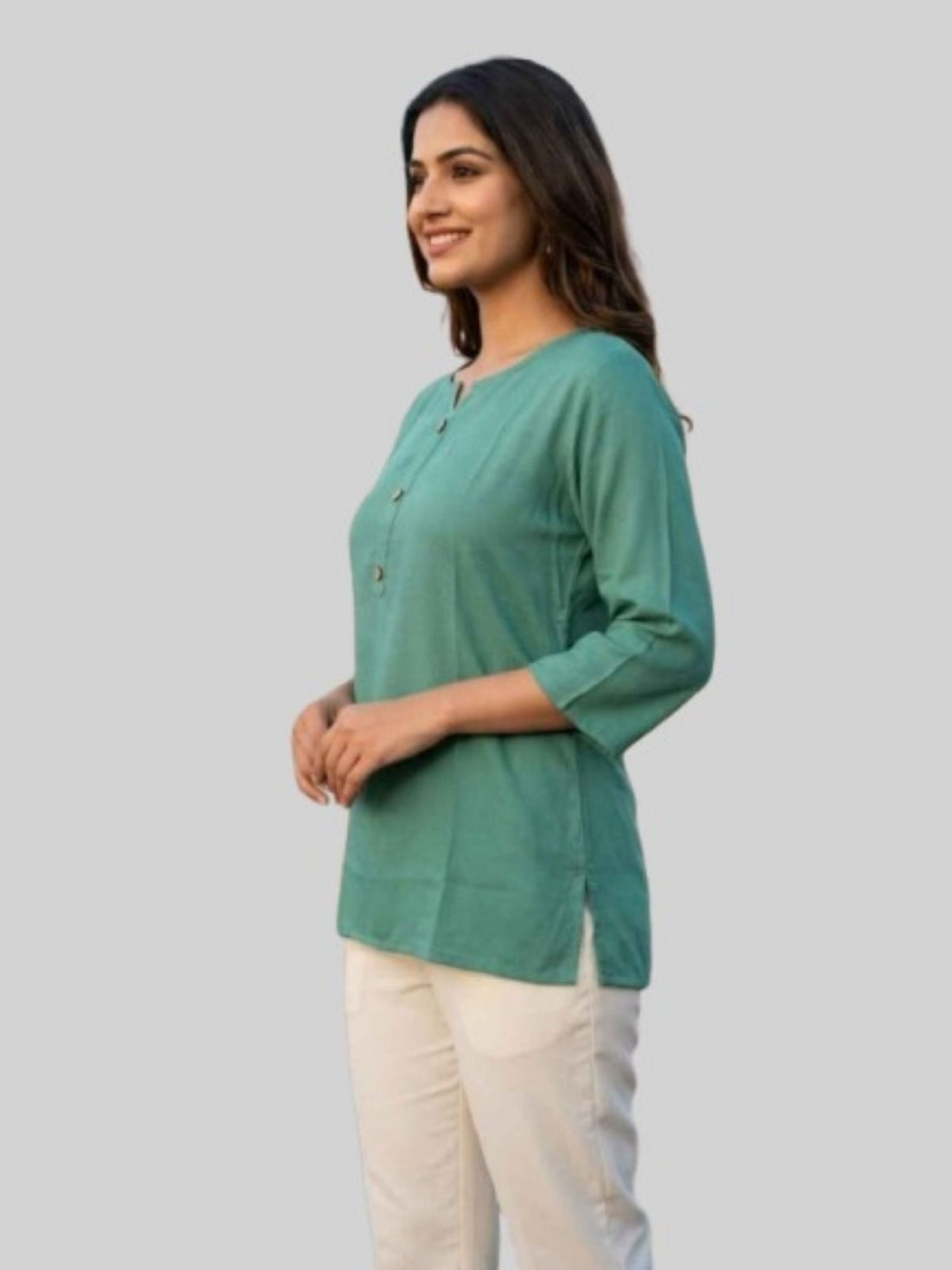 Women SeaGreen & Peach Rayon Short Kurti