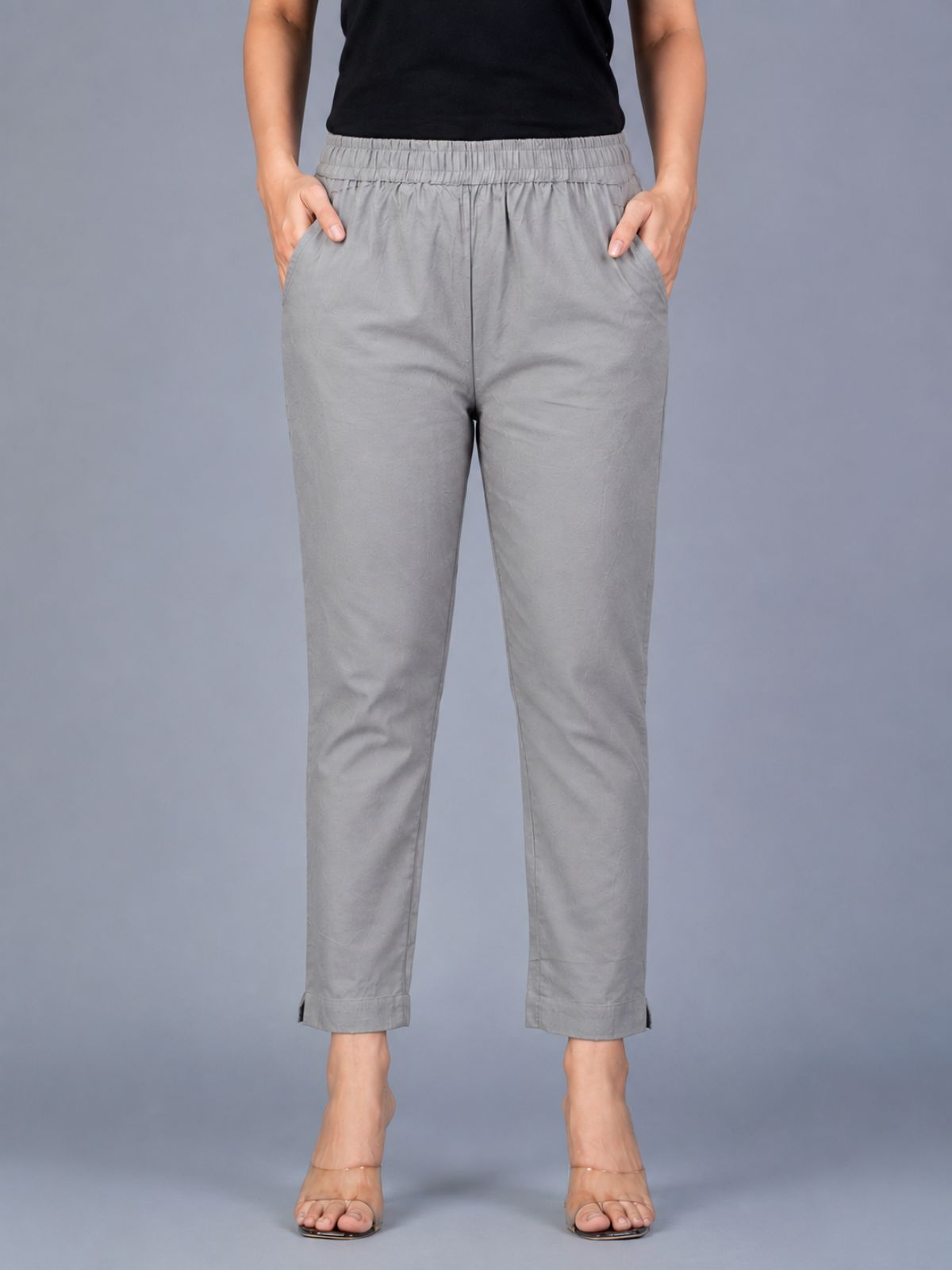 Grey & White Regular Fit Elastic Cotton Trouser Combo