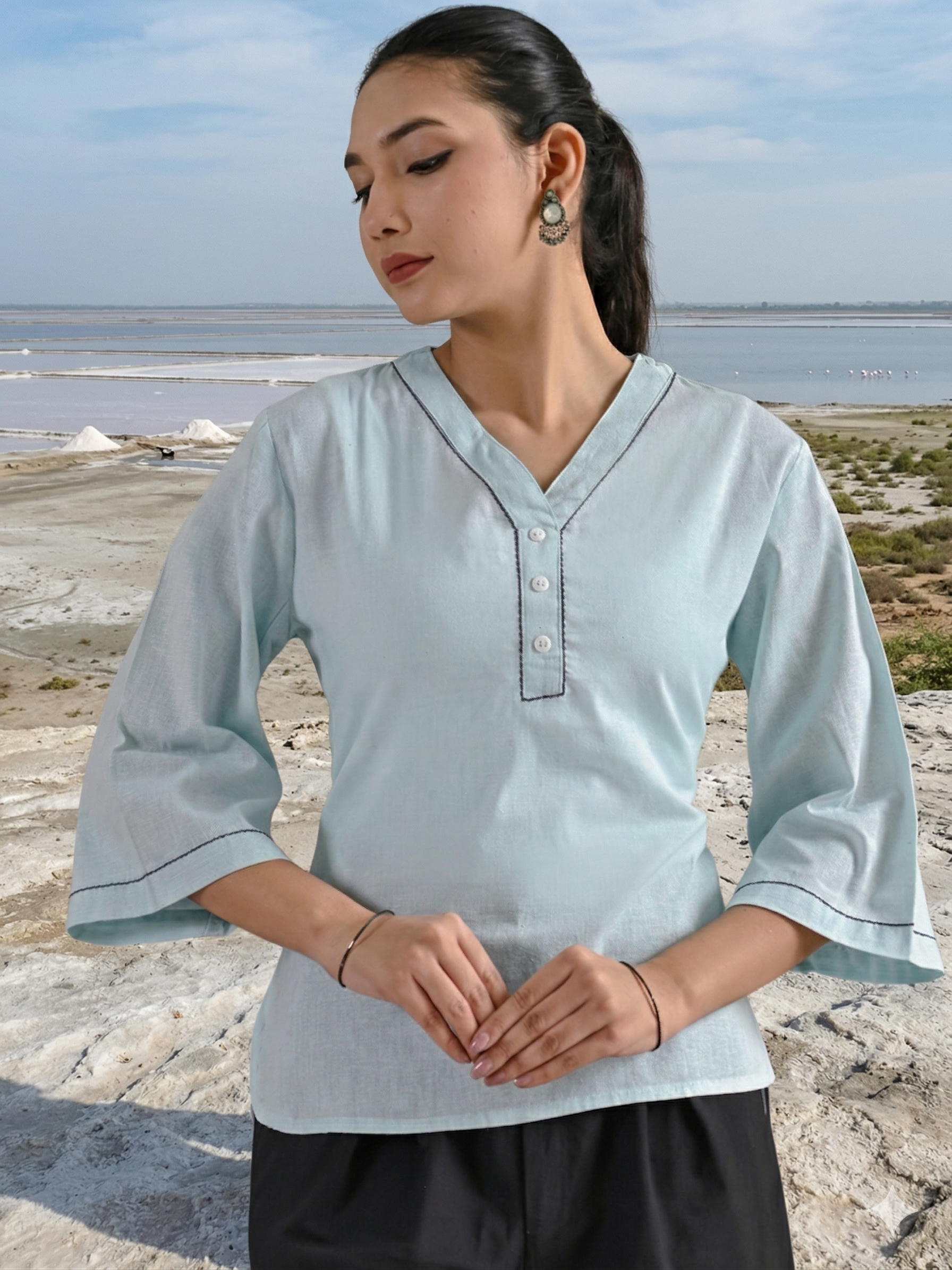 Iceblue Handloom Anchor Thread Top