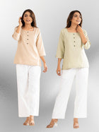 Light Beige & Light Green Everyday Cotton Square Neck Top