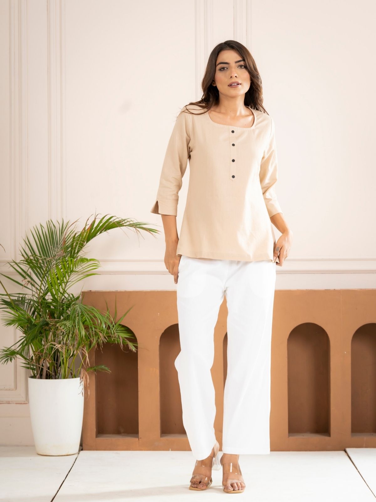 Light Beige Everyday Cotton Square Neck Top