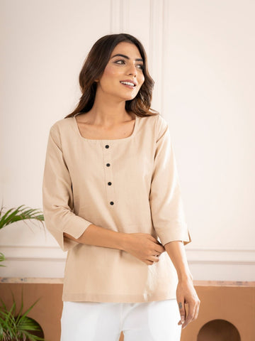 Light Beige Everyday Cotton Square Neck Top