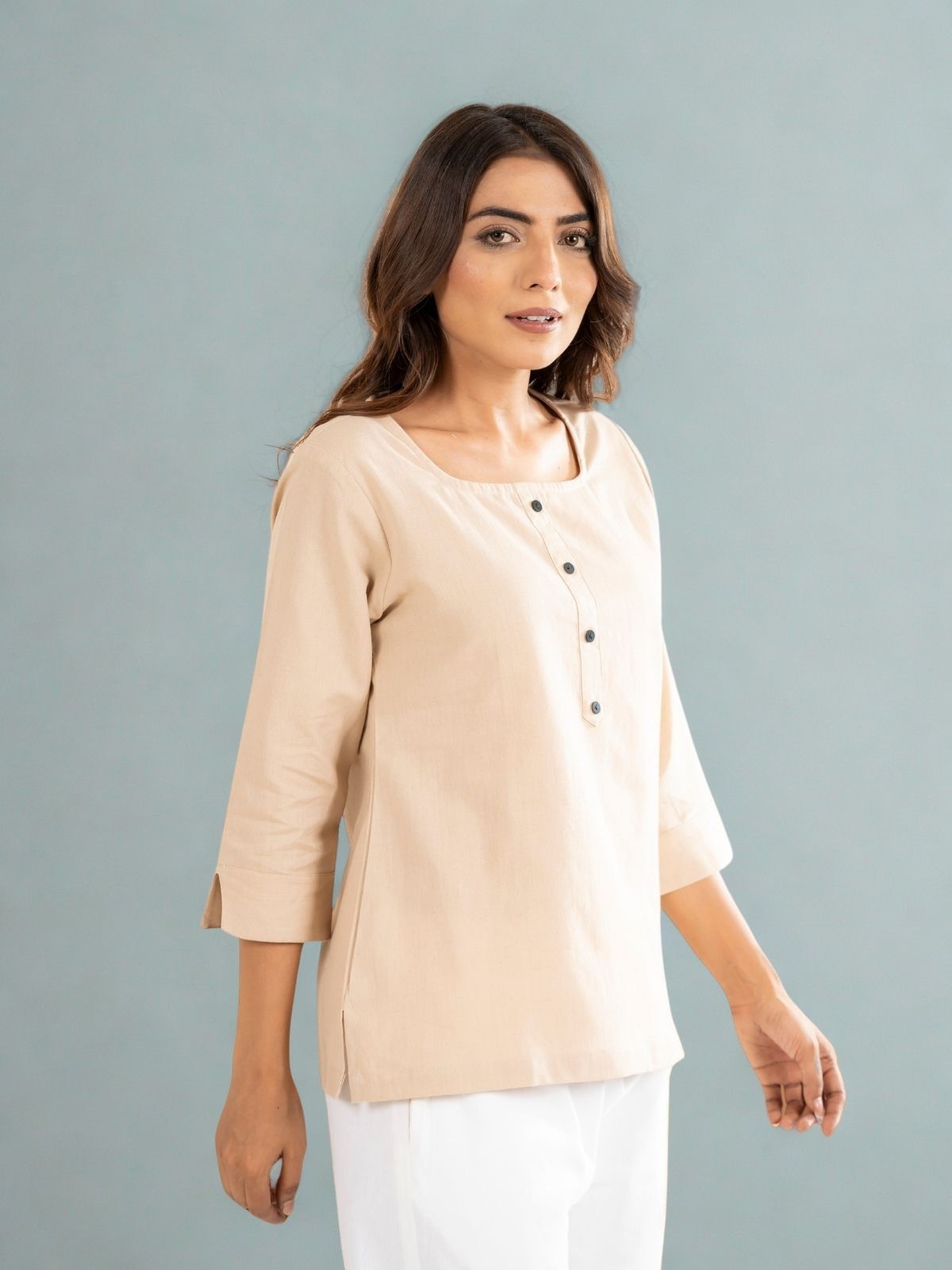 Light Beige & Light Peach Everyday Cotton Square Neck Top