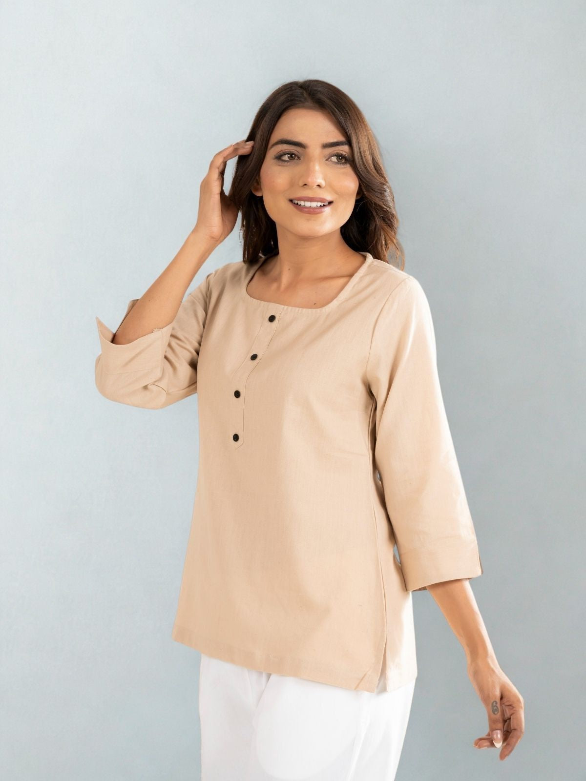 Blue & Light Beige Everyday Cotton Square Neck Top