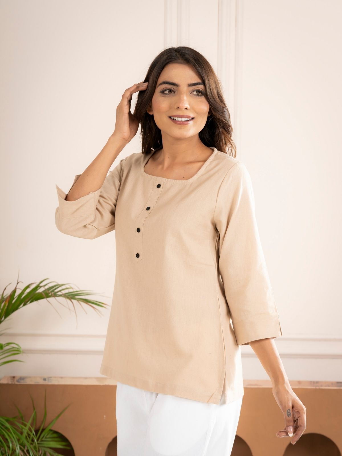 Light Beige Everyday Cotton Square Neck Top