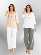 Light Beige & White Everyday Cotton Square Neck Top