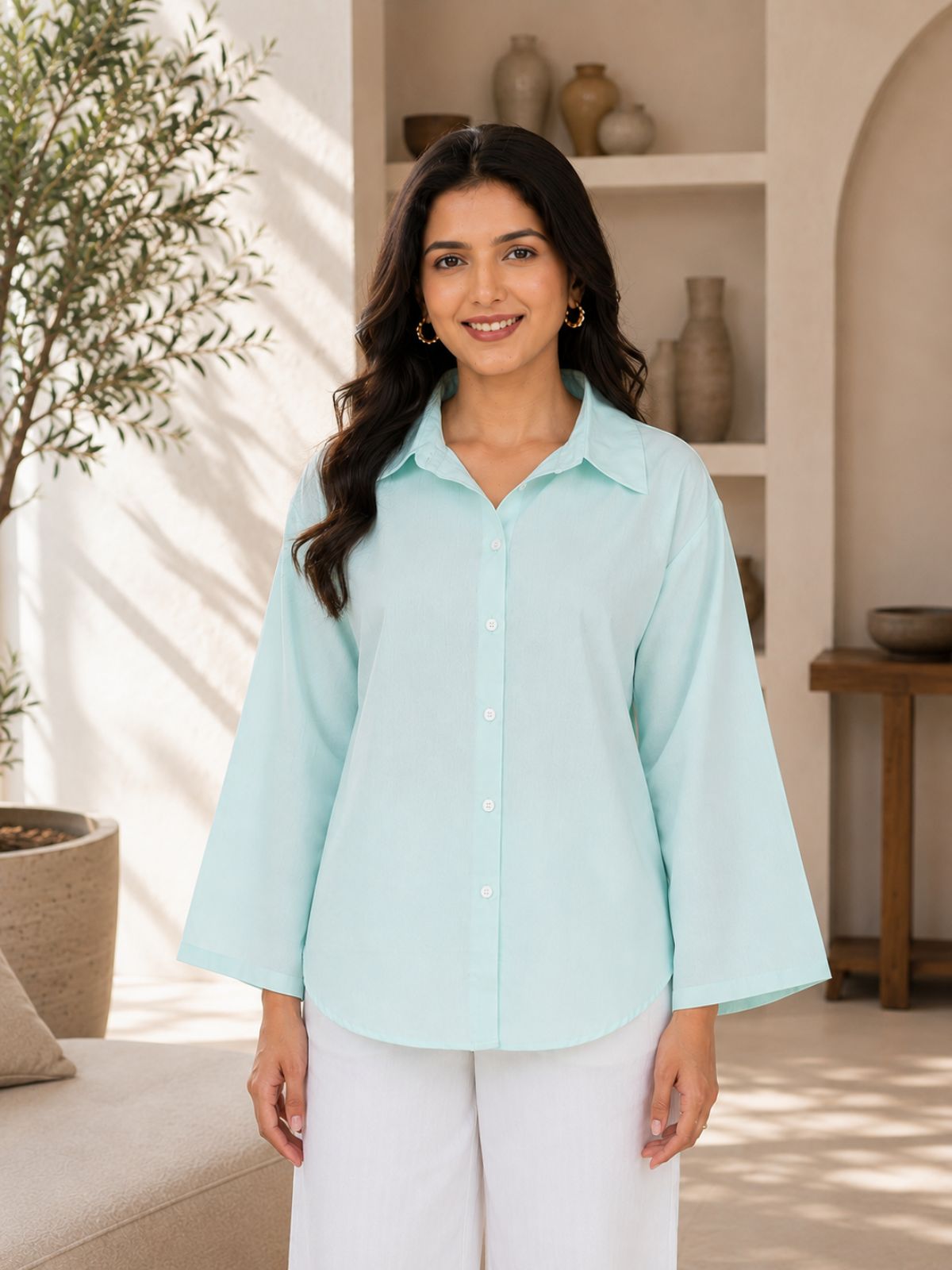 Light Blue Cotton bell Sleeves Shirts
