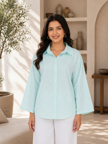 Light Blue Cotton bell Sleeves Shirts