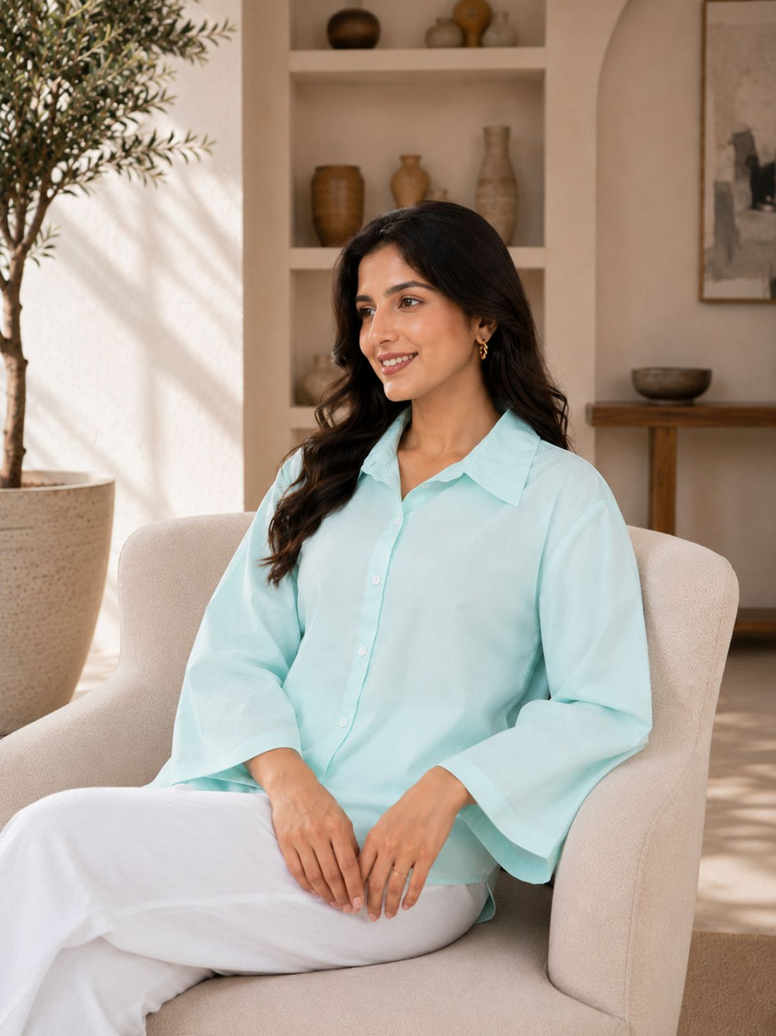 Light Blue Cotton bell Sleeves Shirts