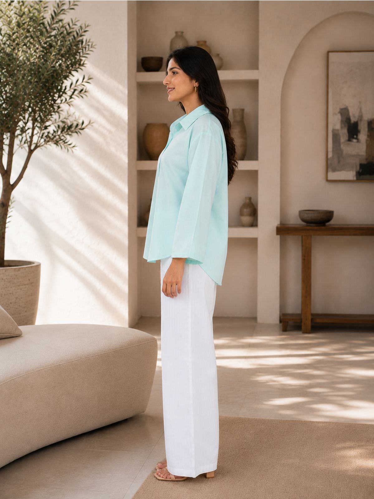 Light Blue Cotton bell Sleeves Shirts