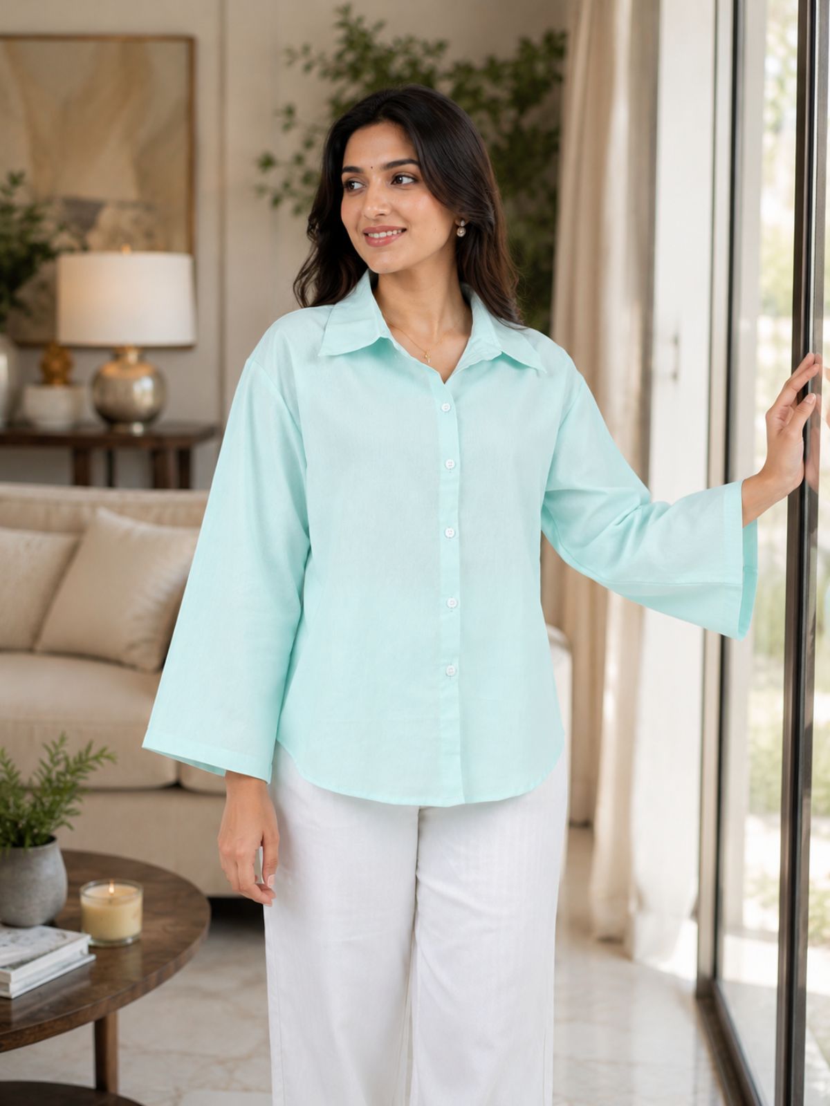 Light Blue Cotton bell Sleeves Shirts