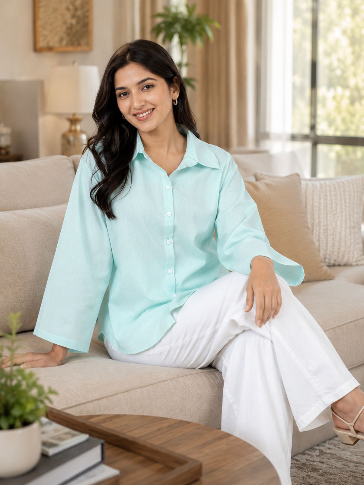 Light Blue Cotton bell Sleeves Shirts