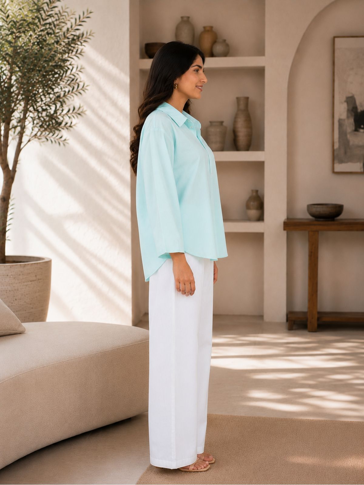 Light Blue Cotton bell Sleeves Shirts