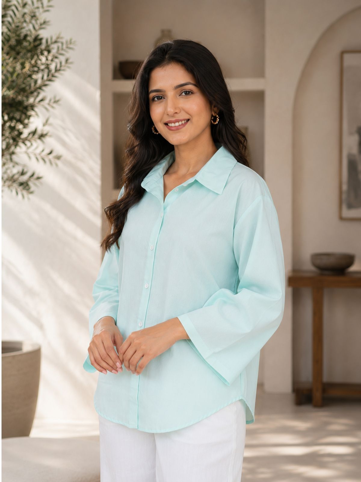 Light Blue Cotton bell Sleeves Shirts