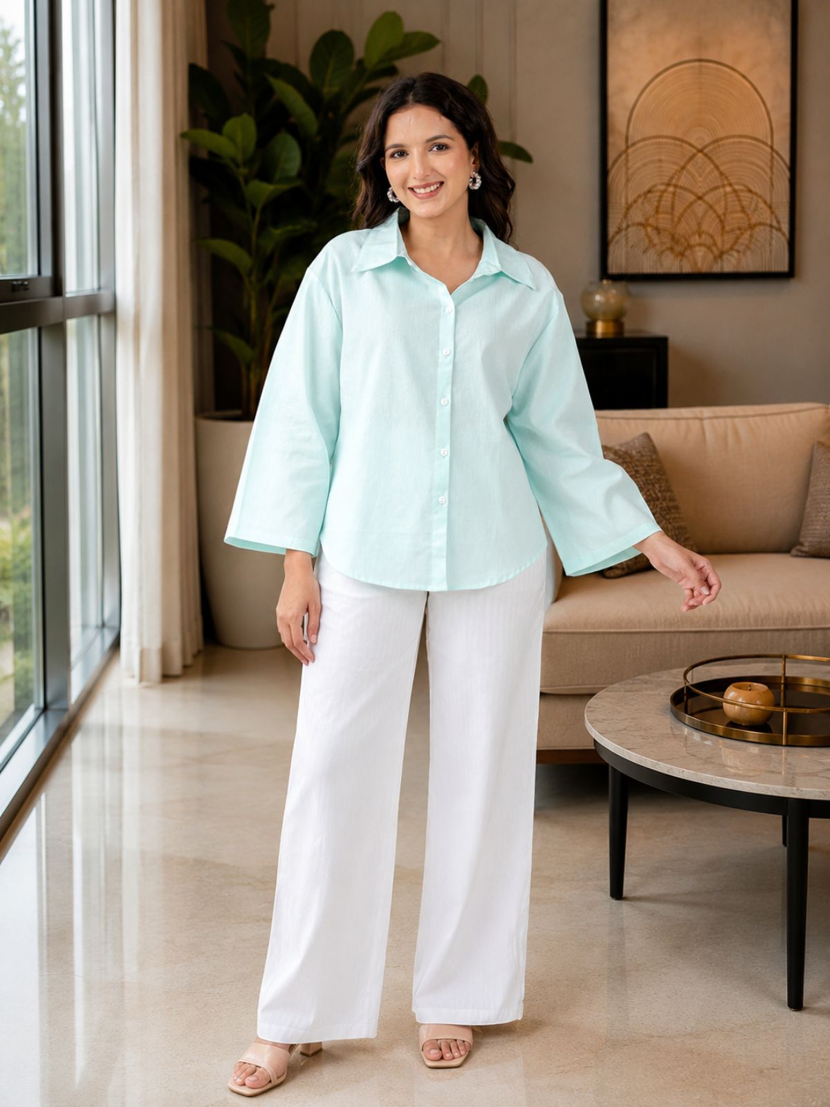 Light Blue Cotton bell Sleeves Shirts