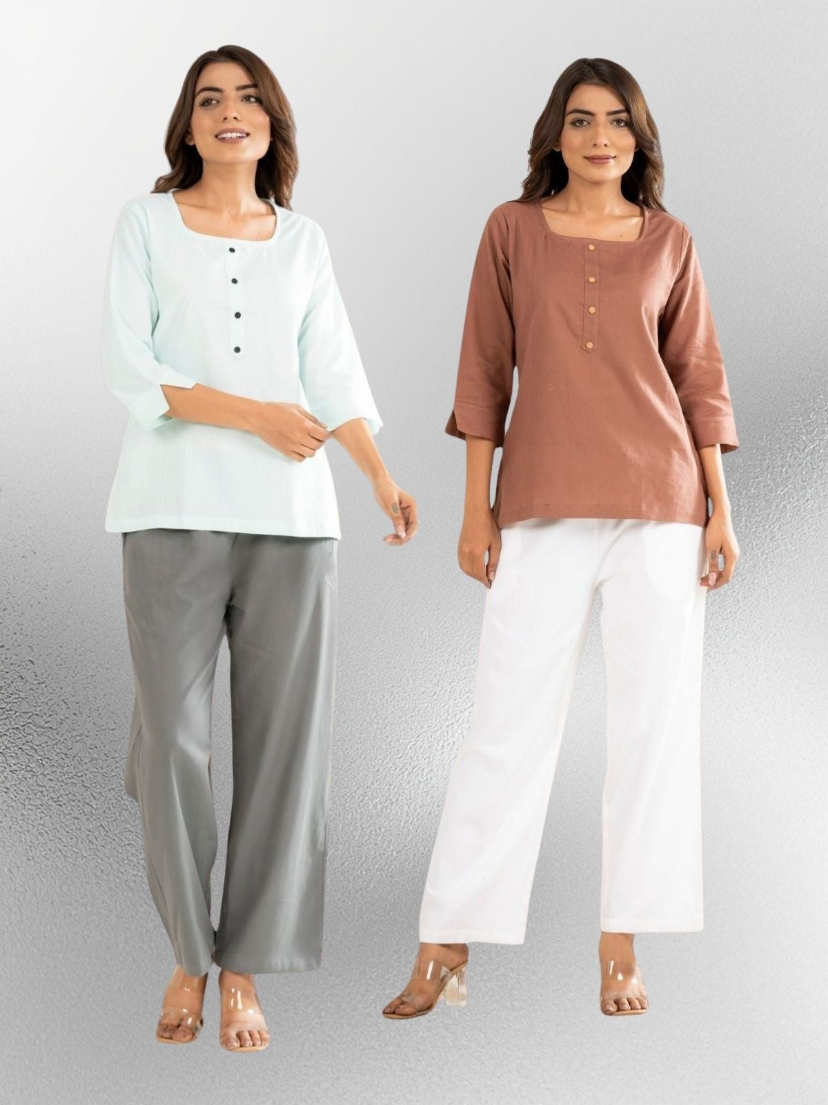 Light Blue & Light Brown  Everyday Cotton Square Neck Top
