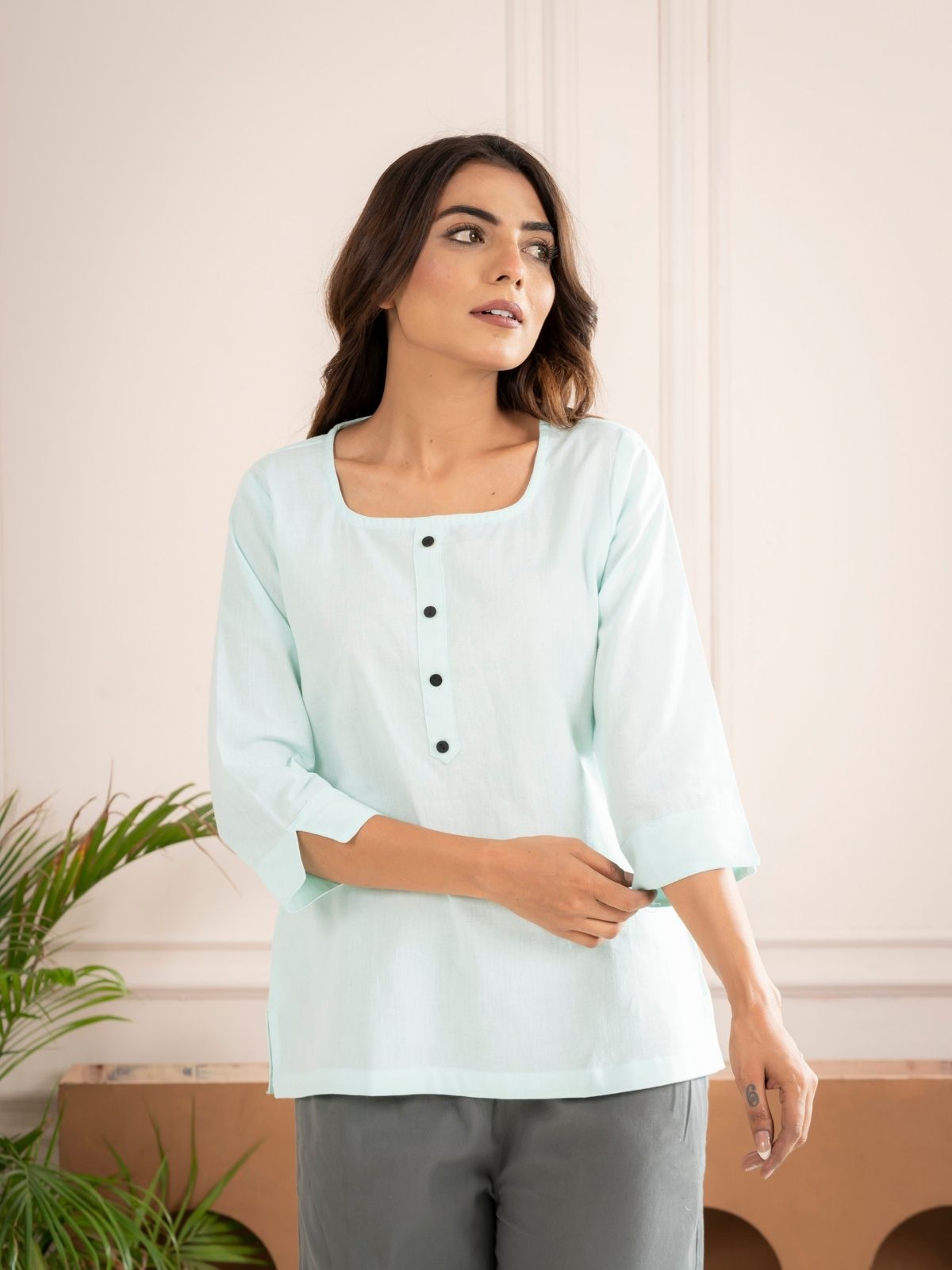 Light Blue Everyday Cotton Square Neck Top