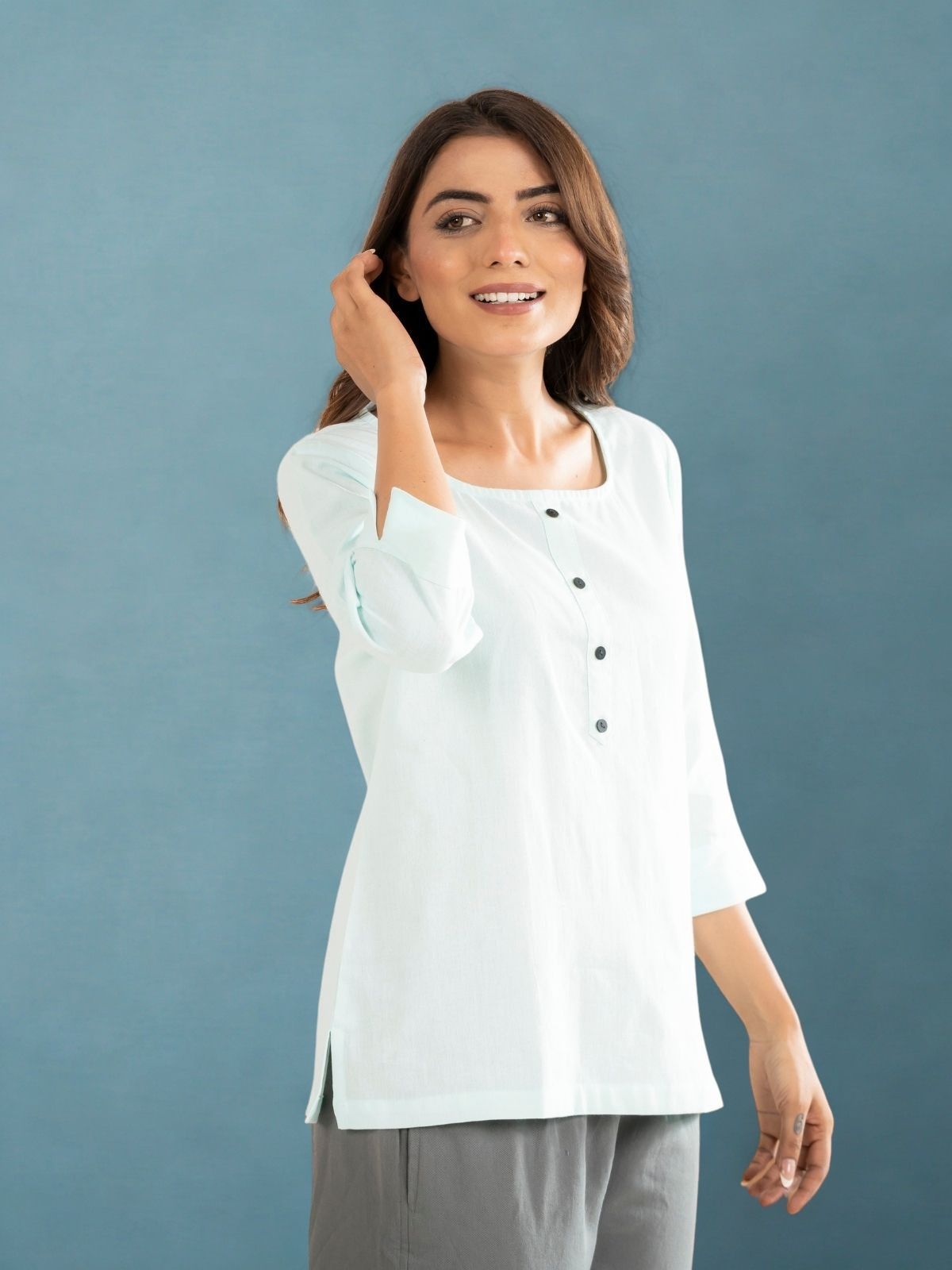Black & Light Blue Everyday Cotton Square Neck Top