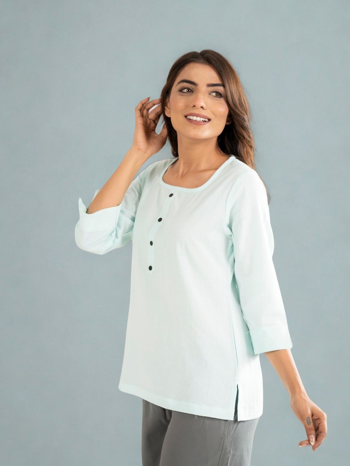 Light Blue & Light Green  Everyday Cotton Square Neck Top