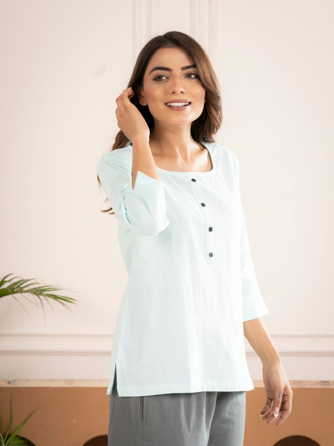 Light Blue Everyday Cotton Square Neck Top