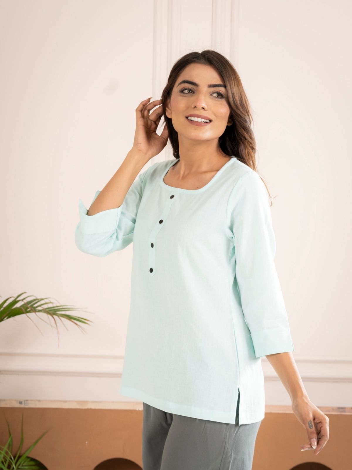 Light Blue Everyday Cotton Square Neck Top