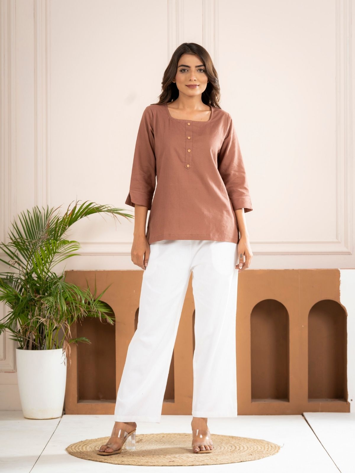 Light Brown Everyday Cotton Square Neck Top