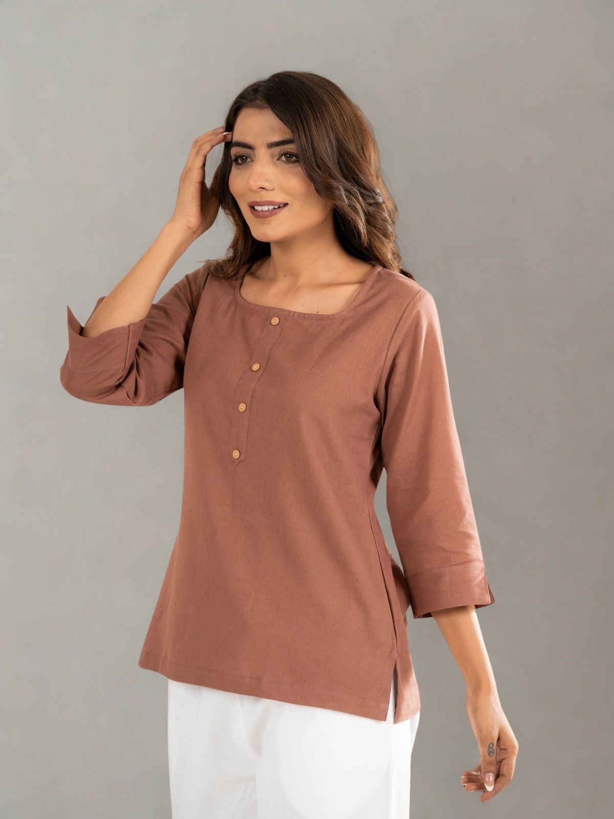 Light Blue & Light Brown  Everyday Cotton Square Neck Top