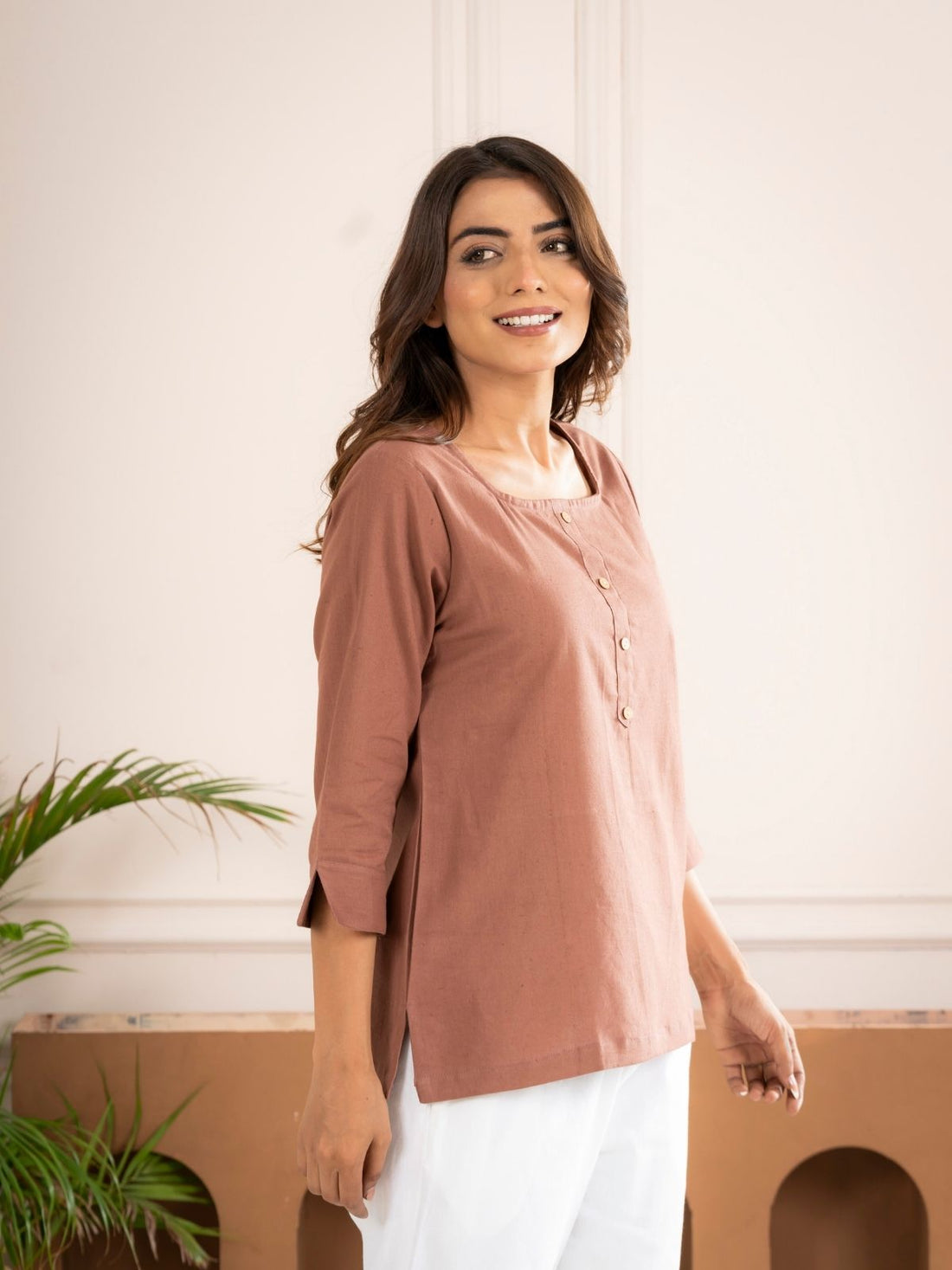 Light Brown Everyday Cotton Square Neck Top