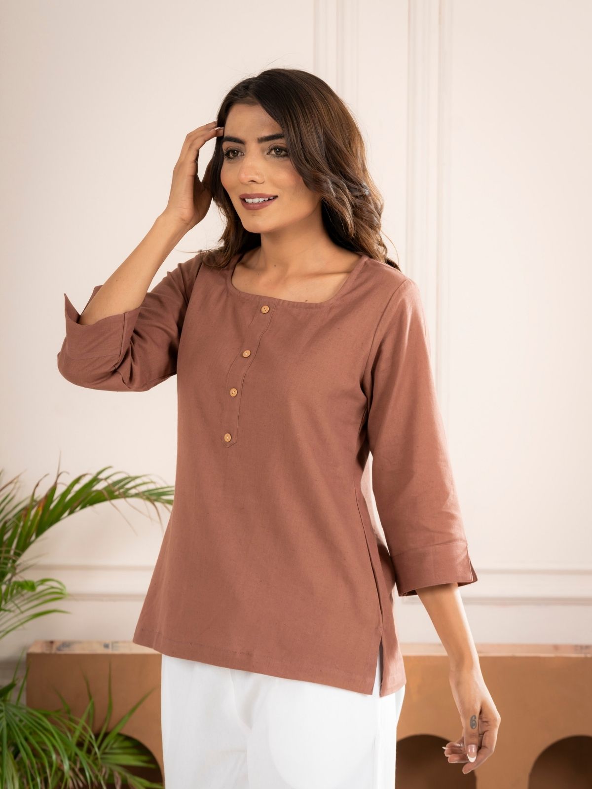 Light Brown Everyday Cotton Square Neck Top