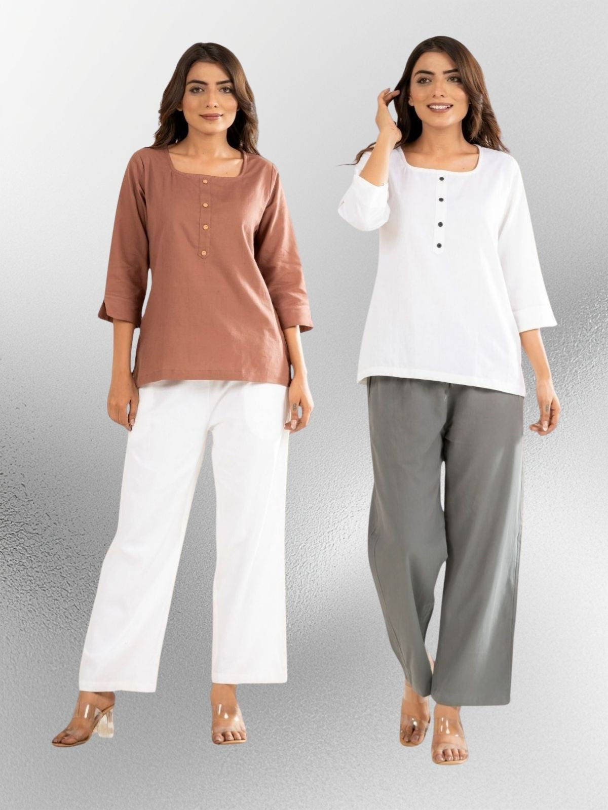 Light Brown & White  Everyday Cotton Square Neck Top