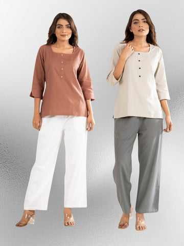 Light Brown & Light Grey Everyday Cotton Square Neck Top