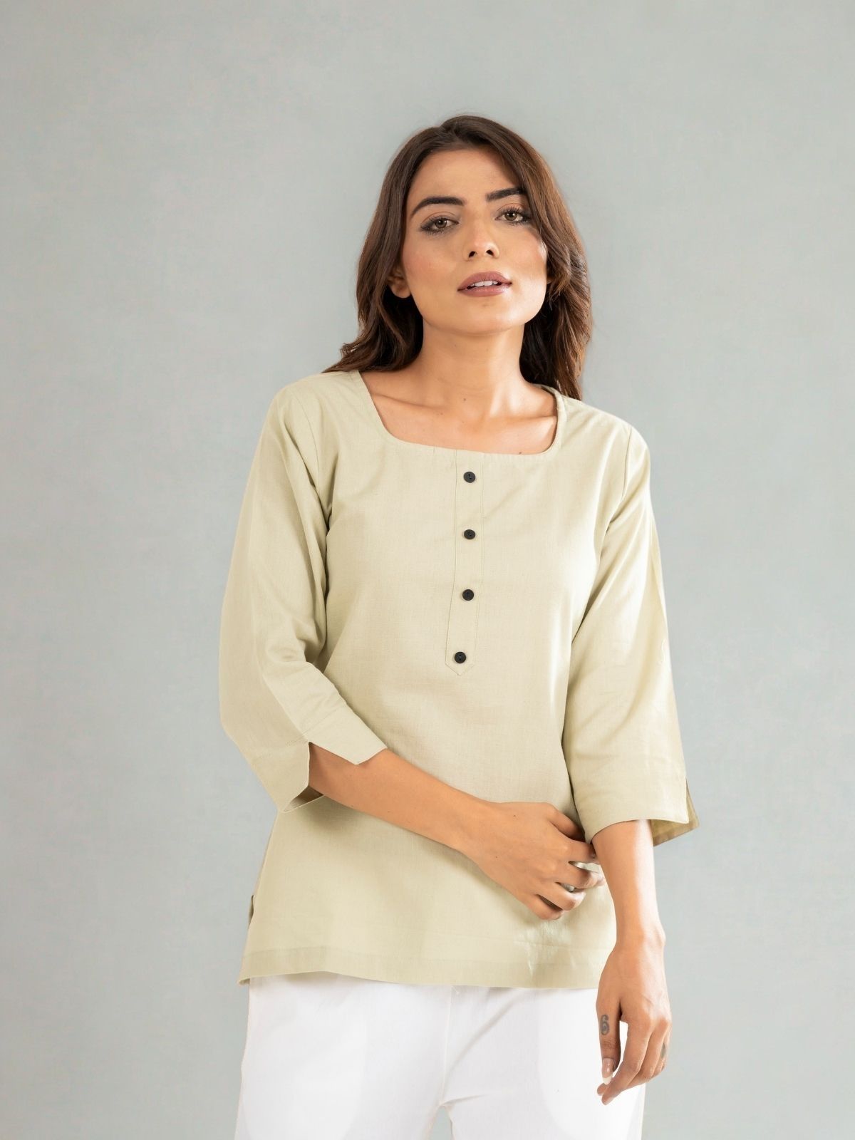 Light Green & Light Brown  Everyday Cotton Square Neck Top