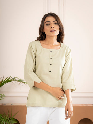 Light Green Everyday Cotton Square Neck Top