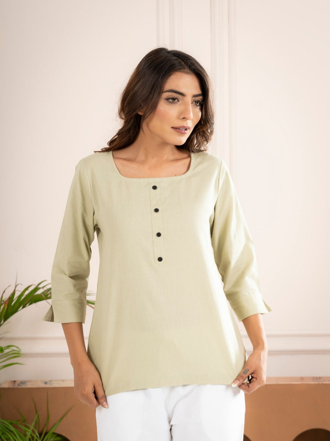 Light Green Everyday Cotton Square Neck Top