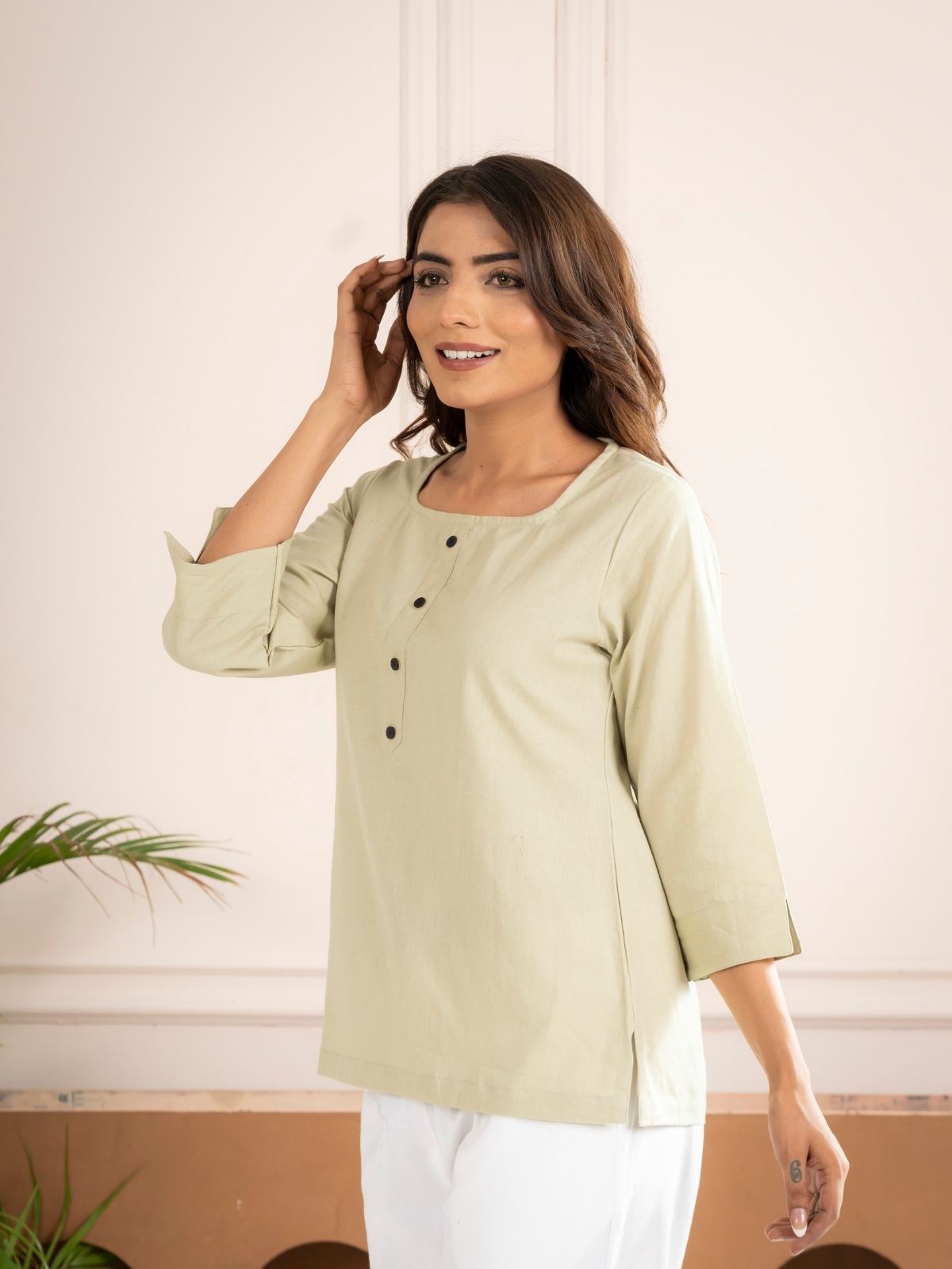 Light Green Everyday Cotton Square Neck Top