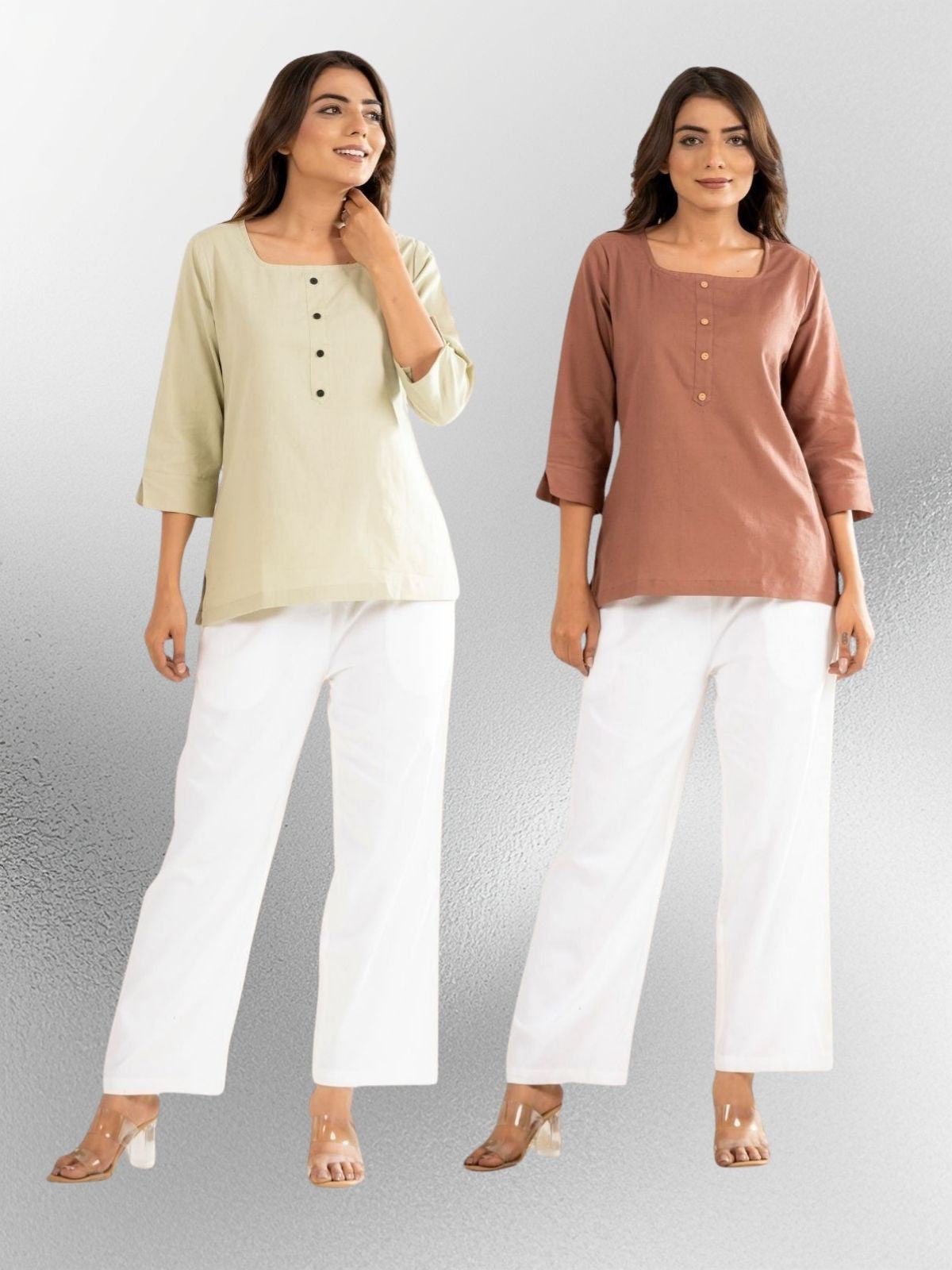 Light Green & Light Brown  Everyday Cotton Square Neck Top