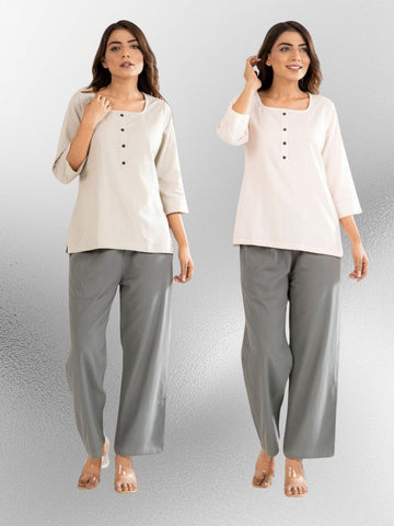 Light Grey & Light Peach  Everyday Cotton Square Neck Top