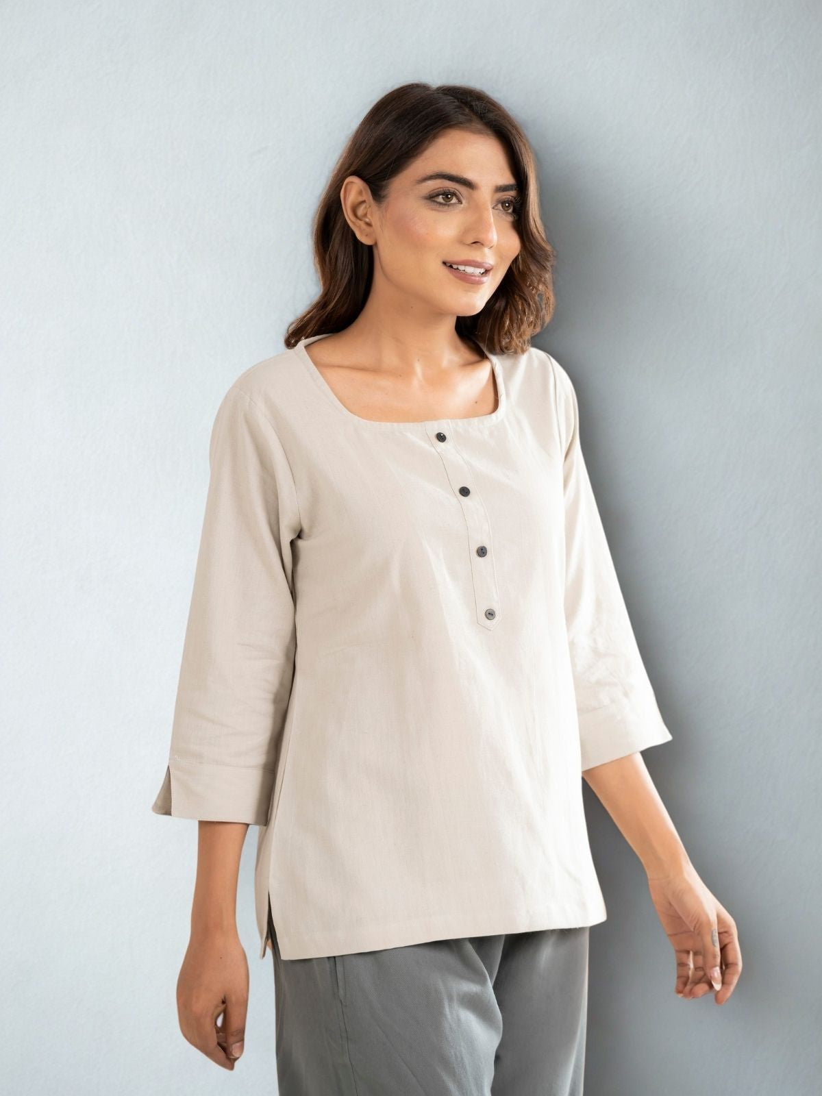 Light Grey & White  Everyday Cotton Square Neck Top