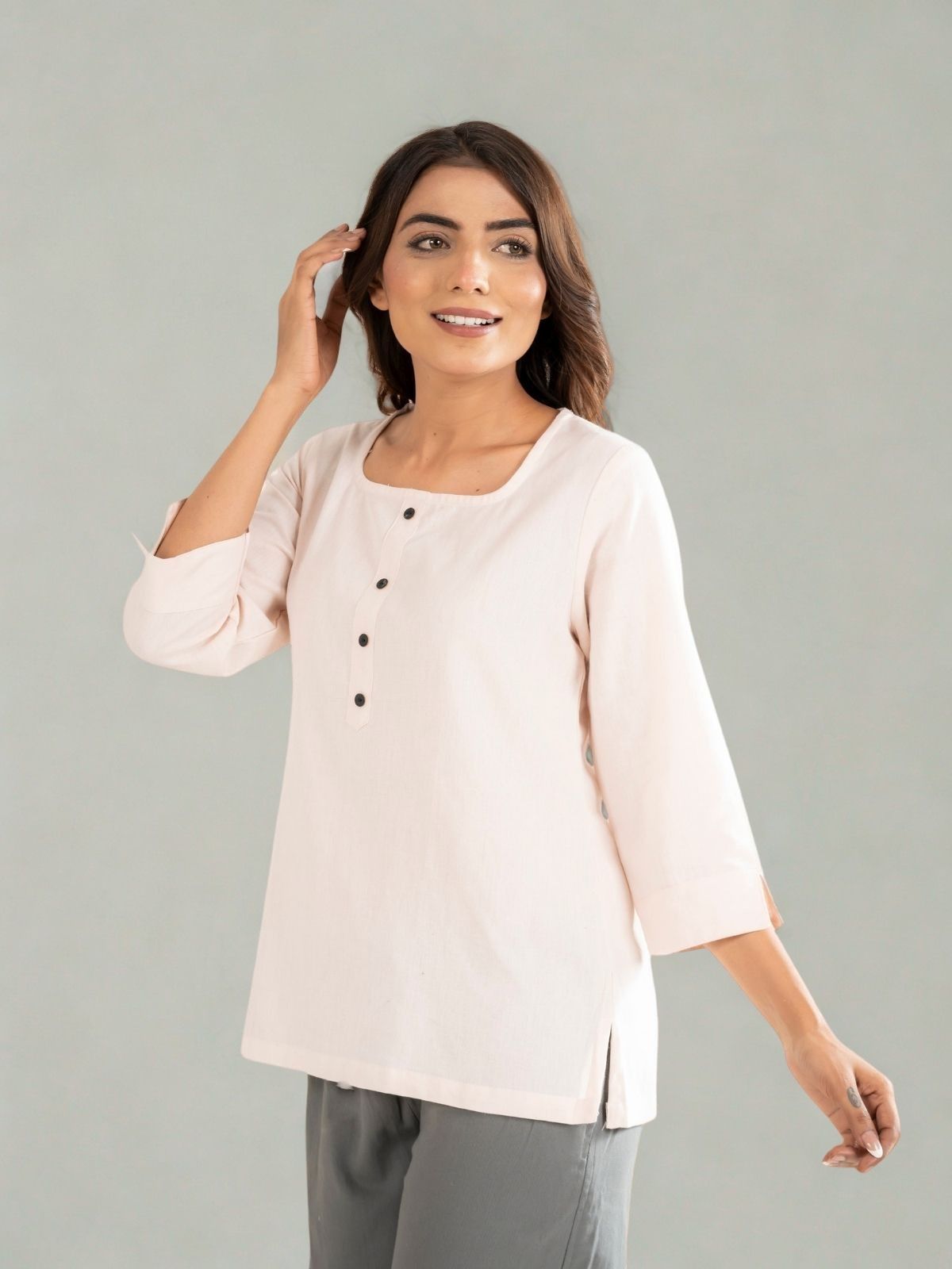 Blue & Light Peach Everyday Cotton Square Neck Top