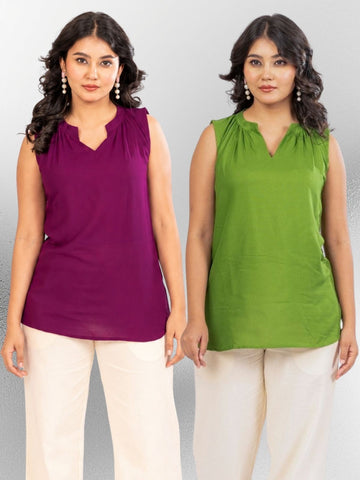 Magenta & Mehndi Viscose Gathered Neckline Tops Combo