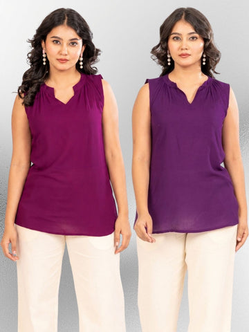 Magenta & Purple Viscose Gathered Neckline Tops Combo