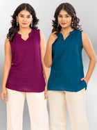 Magenta & TealBlue Viscose Gathered Neckline Tops Combo