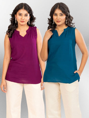 Magenta & TealBlue Viscose Gathered Neckline Tops Combo