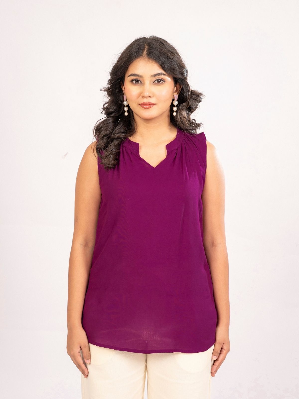 Magenta Viscose Gathered Neckline Tops