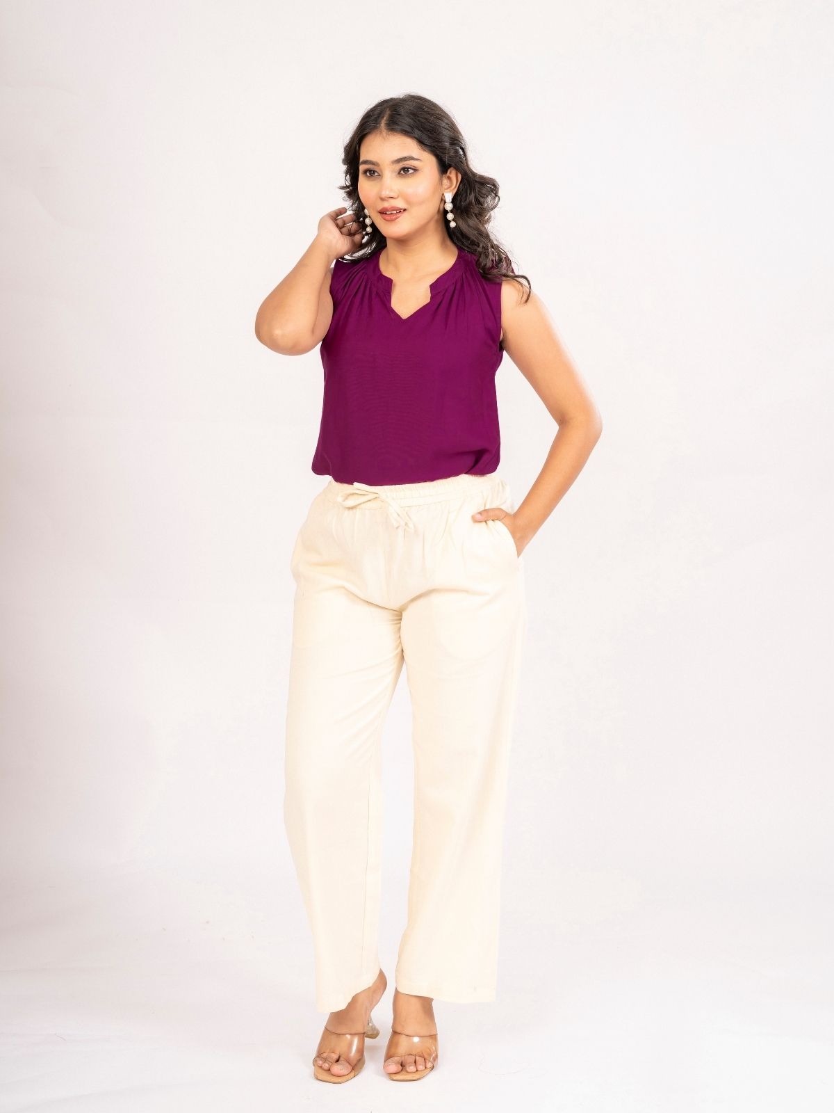 Magenta Viscose Gathered Neckline Tops
