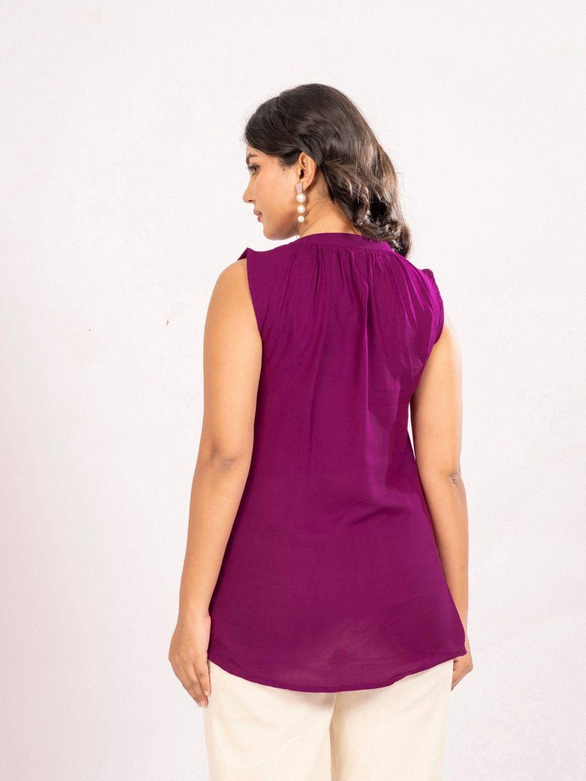 Magenta Viscose Gathered Neckline Tops